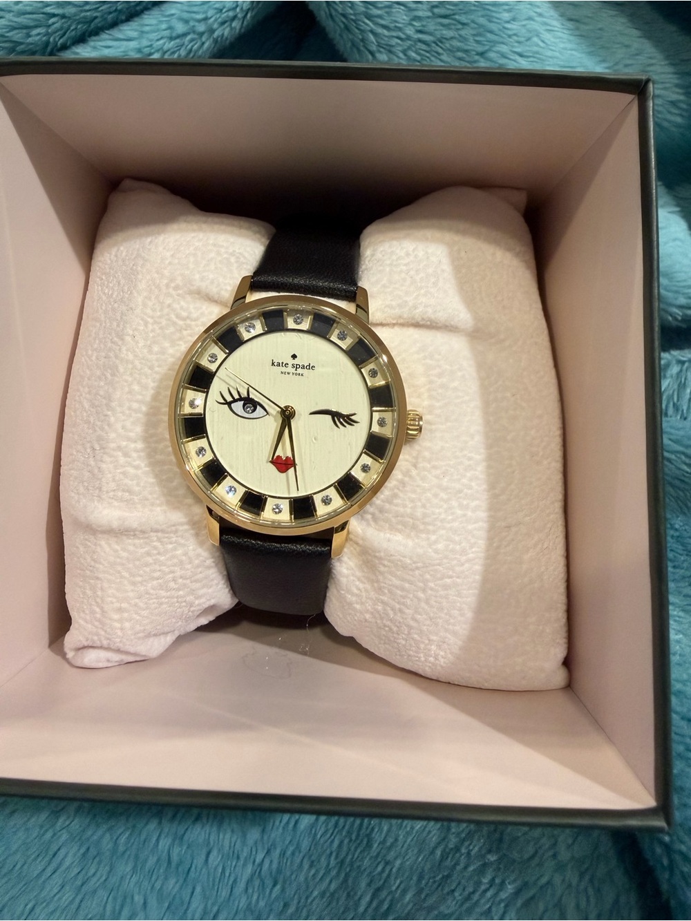 kate spade Gold-Tone Winking Face Watch with Black Strap